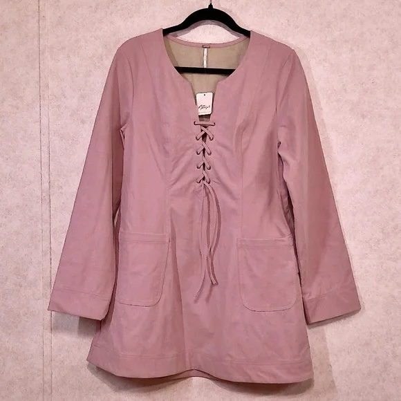 NWT Free People Pink Zephyr Mini Dress Pink/Rose Soft Suede-Like, Lace-Up,SizeM - Picture 1 of 9